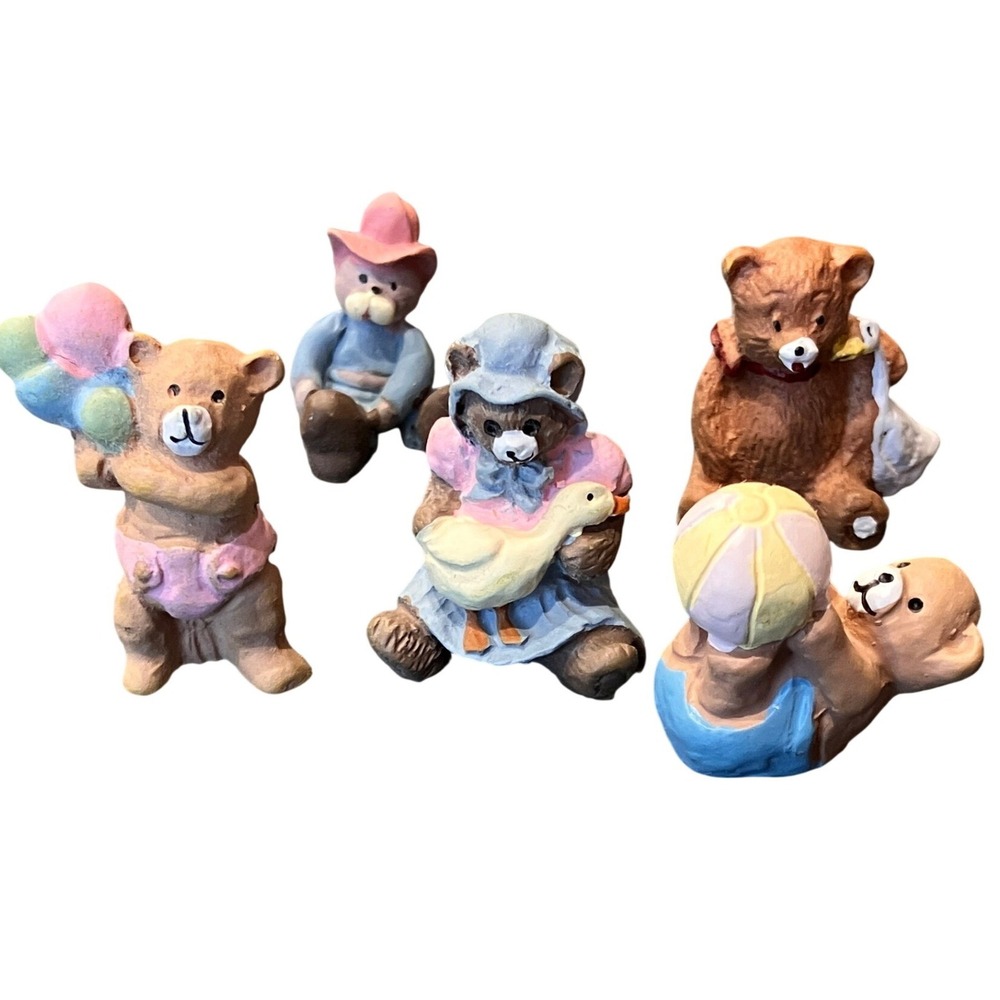Vintage Miniature Teddy Bear Figurines Set of 5 Pastel Nursery Decor Animals